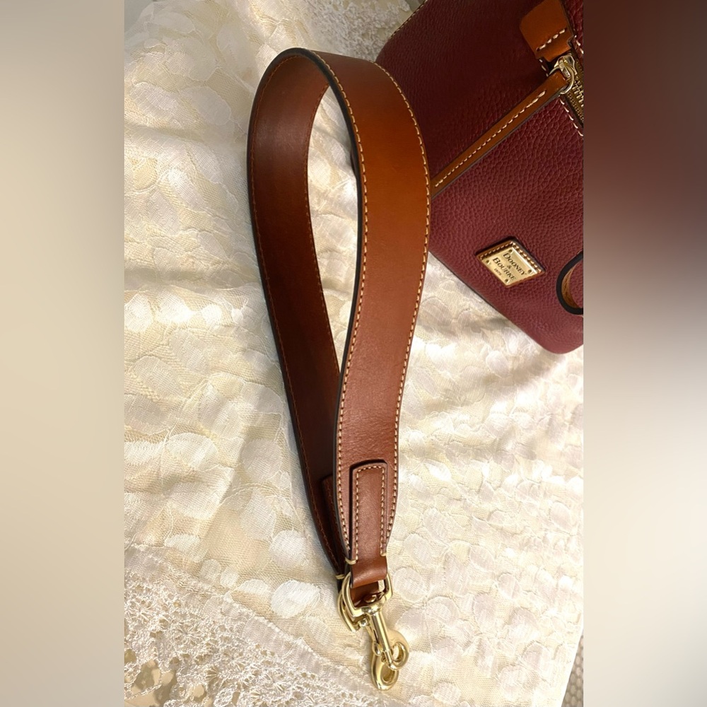 Dooney & Bourke Burgundy Pebbled Leather Drawstring Shoulder Bag with Tan Trim - Picture 11 of 16